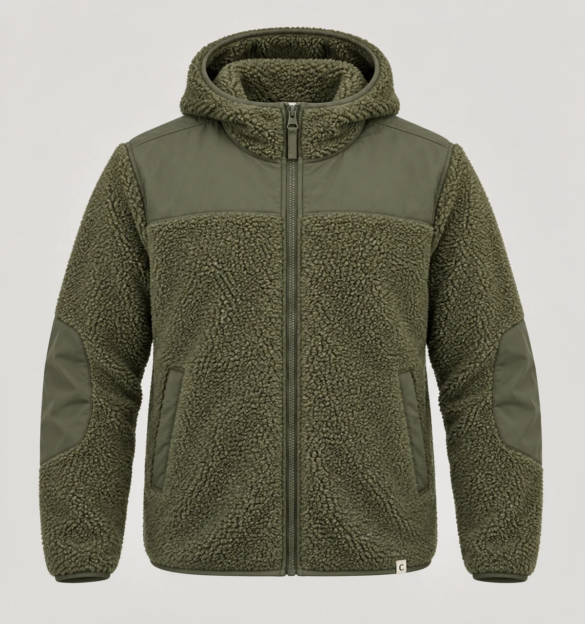 Outpost Hooded Pile Jacket in Fern, front view